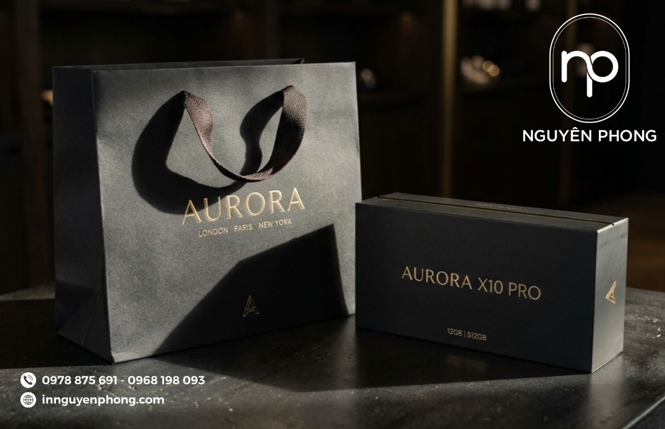 Mẫu túi giấy đựng điện thoại cao cấp in ép kim tên thương hiệu 